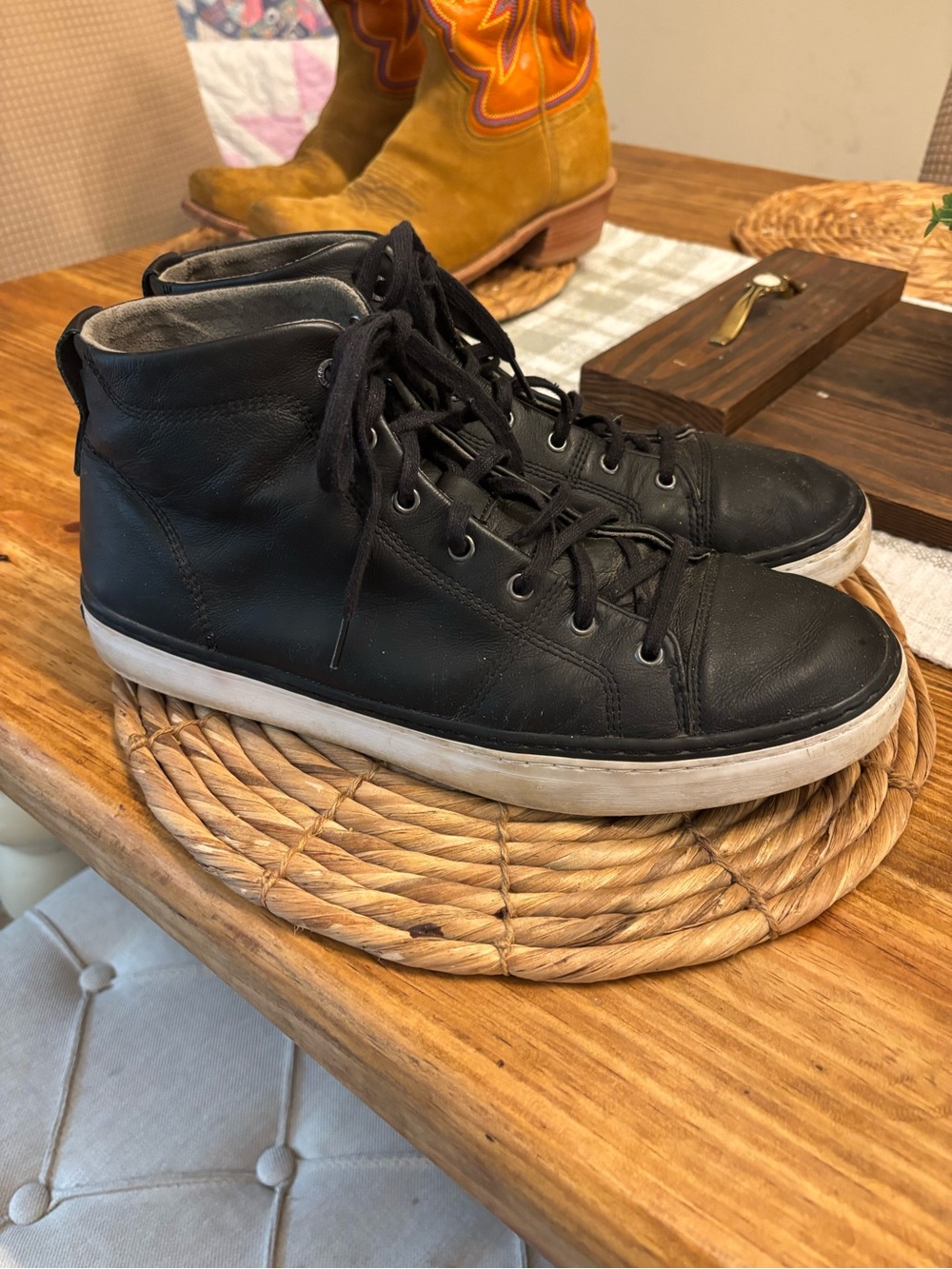 Cole Haan Black Leather High-Top Sneakers with White Sole